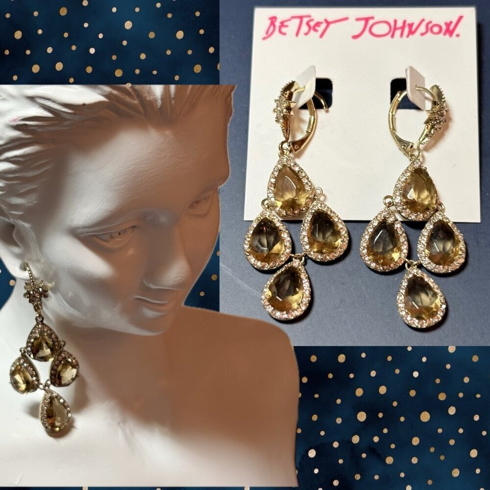 Betsey Johnson Golden Amber Jewel Pave Crystal Teardrop Chandelier Drop Earrings